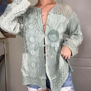 Vintage Y2K Green Crochet Patchwork Fairy Blouse, Boho Embroidered Top, Size M